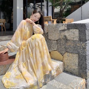 French Chiffon Floral Dress Women
